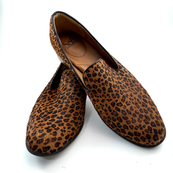 Sofft Leopard Cow hair Leather Beige Black Round Toe Loafer Flat 10 Low Heel EUC - Picture 1 of 9